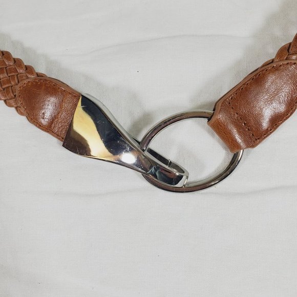 Chico's Brown Leather Braided Slide Belt Medium Large Waist Hips w Silver Buckle - Picture 2 of 4